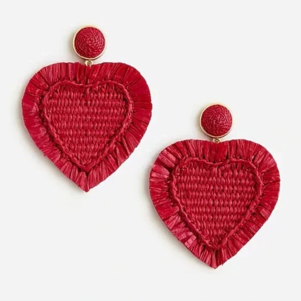 J Crew Womens One Size Oversized Heart Raffia Statement Earrings BX266‎ Pink $40